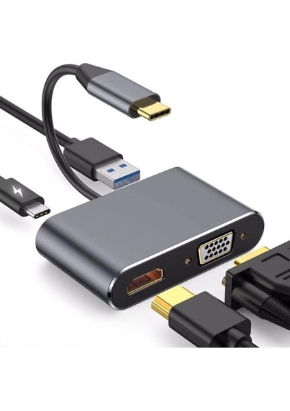 iPad Için/ 15/15 /16 Pro Max ile Uyumlu Type-C Girişli Tüm Modeller ile Uyumlu Type-C To 4K HDMI Hub Usb-C Type-C USB VGA Çevirici 4 In 1 Dönüştürücü Hub