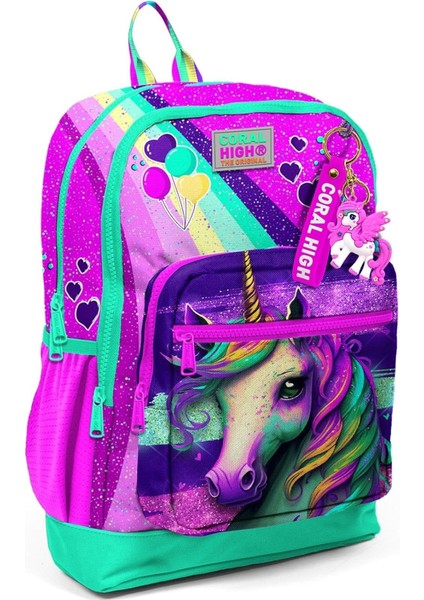 Dört Bölmeli Pembe Su Yeşili Desenli Ilkokul Sırt Çantası - Kız Çocuk