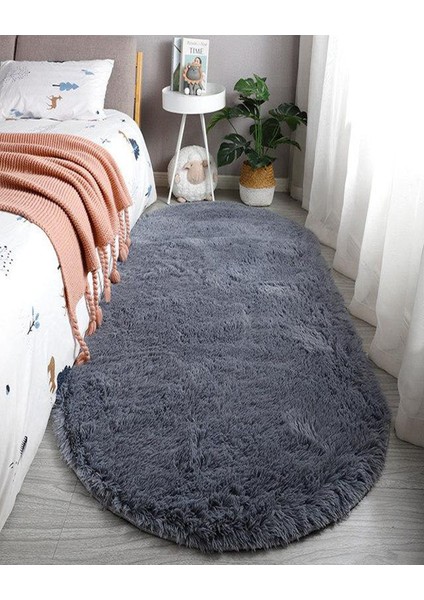 Yumuşak Peluş Oval Halı, Çok Amaçlı, Yıkanabilir, Kaymaz Taban, Gri Renk