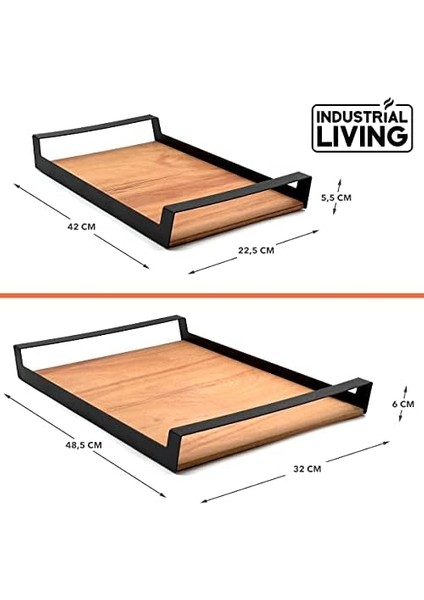 Küçük Ham Renk Servis ve Sunum Tepsisi, Metal Kulplu Ahşap Tepsi - 42X22,5 cm fiyatları