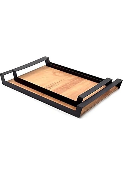 Küçük Ham Renk Servis ve Sunum Tepsisi, Metal Kulplu Ahşap Tepsi - 42X22,5 cm modelleri