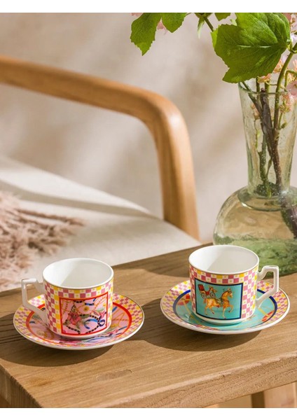 Baskılı 2 Kişilik Porselen Kahve Fincan Takımı 90 ml (W5)