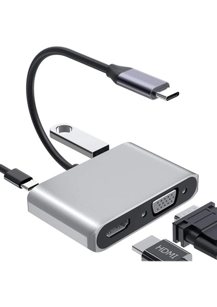 Type-C HDMI VGA USB 3.0 Type 4in1 Video Dönüştürücü Veri Aktarıcı USB ve ile Uyumlu Gri Tc-26