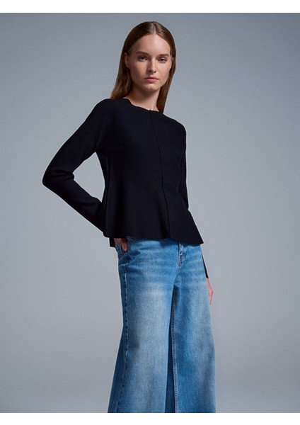 10824 Bisiklet Yaka Peplum Triko Top-Siyah