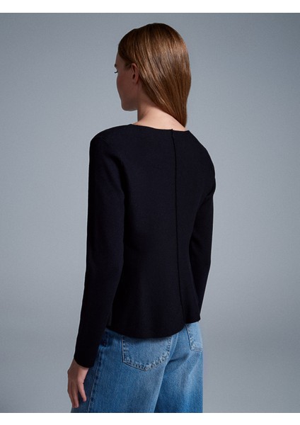 10824 Bisiklet Yaka Peplum Triko Top-Siyah fiyatları