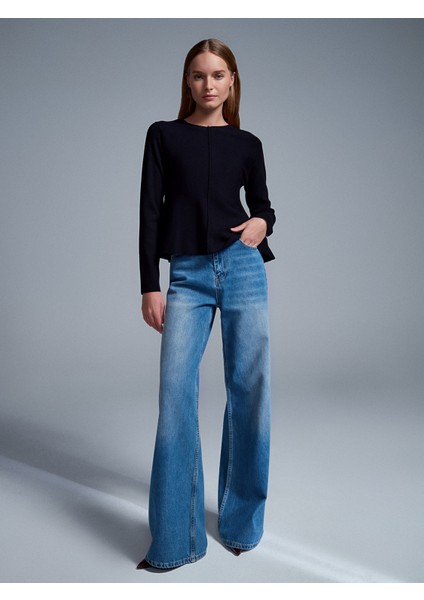 10824 Bisiklet Yaka Peplum Triko Top-Siyah indirimleri