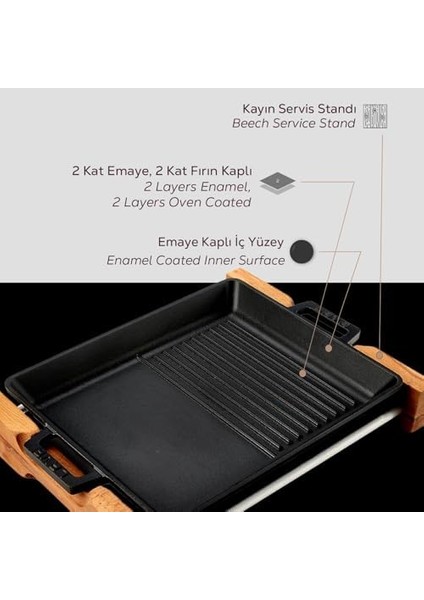 Metal Döküm Izgara Tava, Metal Kulplu, Ahşap Standlı, 26X32CM fiyatları