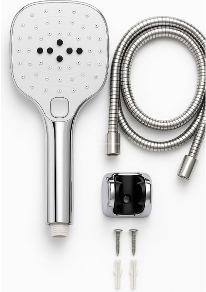 Spiralli Duş Başlığı Seti, 3 Fonksiyonlu Tuşlu Geniş Gövde Krom Duş Başlığı, 150 cm Duş Hortumu, Mafsallı Başlık, Vida ve Dübel Dahil, Su Tasarruflu, Duvara Monte Takımı