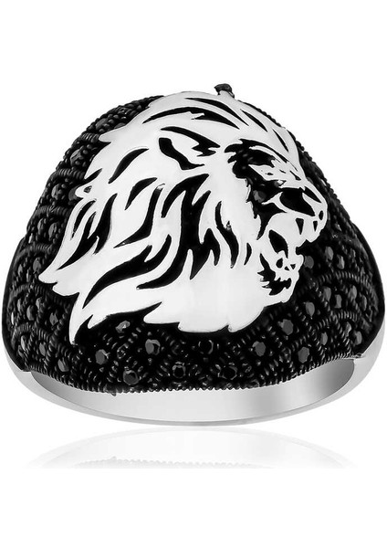 Gümüş Aslan Kafası Figürlü Erkek Yüzük