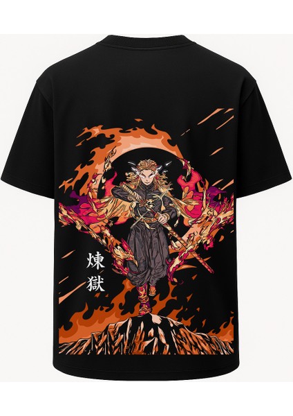 Oversize Rengoku Demon Slayer Baskılı Tişört - Büyük Baskı - Geniş Kesim