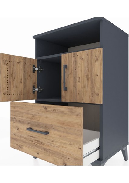 Hyperion Komodin 2 Raflı Tek Çekmeceli 2 Kapaklı 60X44X96 Antrasit-Çam indirimleri
