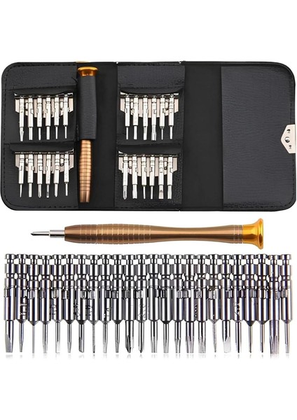 25 Parça Tornavida Tamir Seti, Deri Cüzdan Kılıflı, Bilgisayar, Telefon ve Saat Tamir Kiti