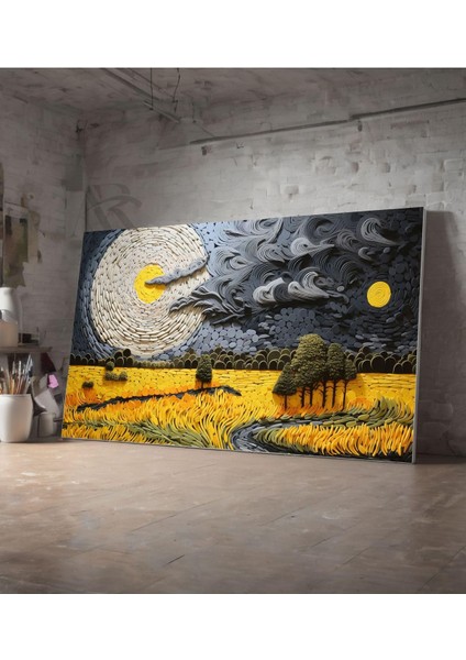 Kanvas Tablo Yıldızlı Gece Üzerinde Buğday Tarlası Yaglı Boya Görünümlü Dekoratif Kanvas Tablo 30 x 40