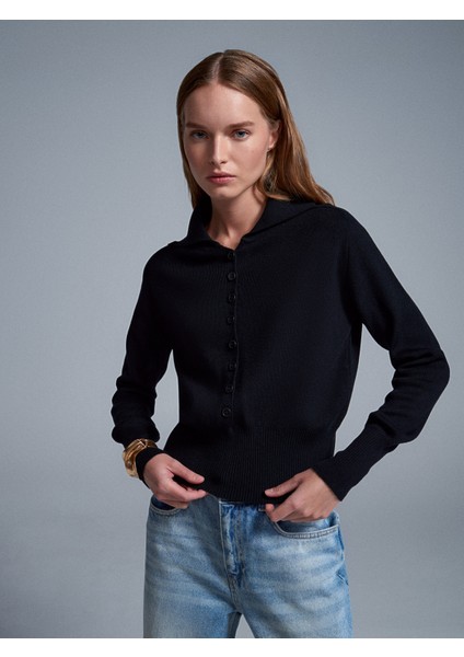 10816 Yün Karışımlı Düğmeli Triko Kazak-Siyah modelleri