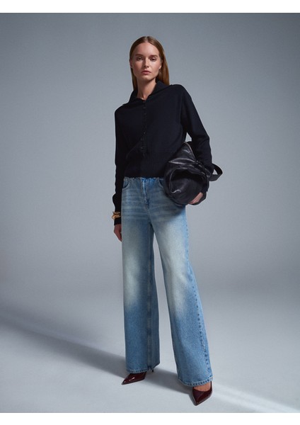 10816 Yün Karışımlı Düğmeli Triko Kazak-Siyah indirimleri