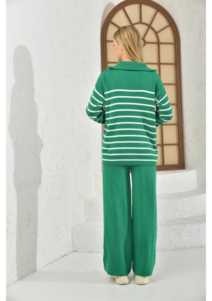 Kadın Kazak Yaka Fermuarlı Pantolon 2'li Set Takım Çizgili Kazak ve Pantolon B.yeşil - 214550 fiyatları