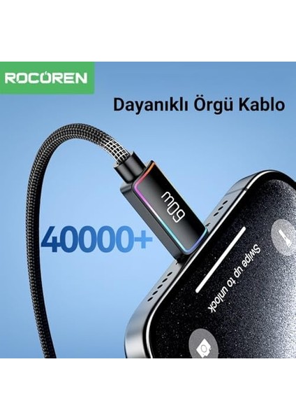 60W Type-C To Type-C Rgb Aydınlatmalı Örgülü Şarj ve Kablosu 1 Metre modelleri