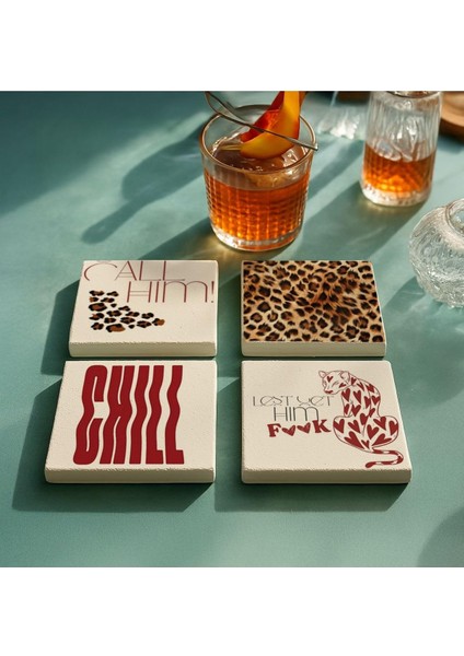 Desenli ve Motivasyon Taş Altlığı 4’lü Set, Şık Masa Sunum Ürünü