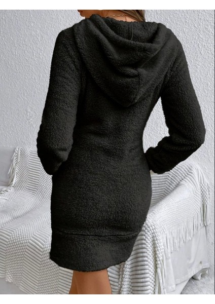 Kadın Uzun Kollu Kapşonlu Cepli Mini Peluş Elbise fırsatları