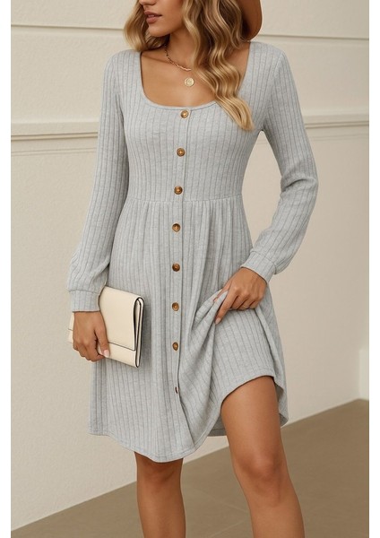 Kadın Uzun Kollu Kare Yaka Düğmeli Kısa Şardonlu Iki Iplik Mini Elbise