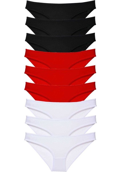 9 Adet Süper Eko Set Likralı Kadın Slip Külot Siyah Kırmızı Beyaz