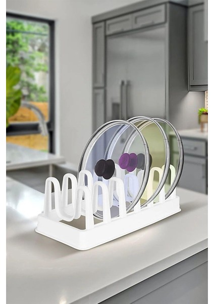 Plastik 6 Bölmeli Tencere Kapağı ve Tabak Düzenleyici Organizer, Dolap Içi ve Tezgah Üstü Kapak Organizeri, Mutfakta Düzen Sağlayan Çok Yönlü Depolama Çözümü