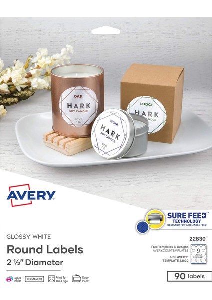 Kesin Beslemeli Yazdırılabilir Yuvarlak Etiketler, 2,5 "çap, Parlak Beyaz, 90 Özelleştirilebilir Etiket (22830)