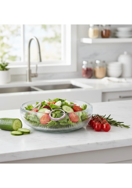 26 cm Büyük Boy Cam Salata ve Sunum Kasesi – Şık Desenli, Dayanıklı ve Yerli Üretim