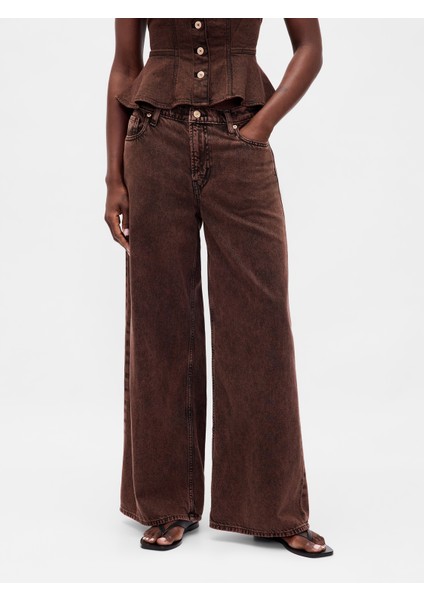 Kadın Kahverengi Mid Rise Ultrasoft Baggy Jean Pantolon