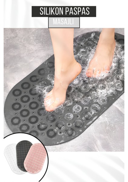 Oval Silikon Kaydırmaz Tabanlı Masajlı Banyo ve Duş Paspası, Gri Renk