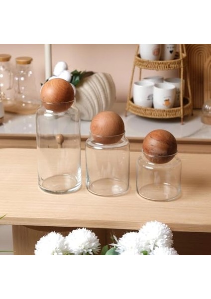 3&apos;lü Cam Kavanoz Seti – 500 Ml, 800 Ml, 1300 ml – Akasya Ağacı Ahşap Top Kapaklı, Hava Geçirmez, Şık ve Sağlıklı Saklama Kabı fiyatları