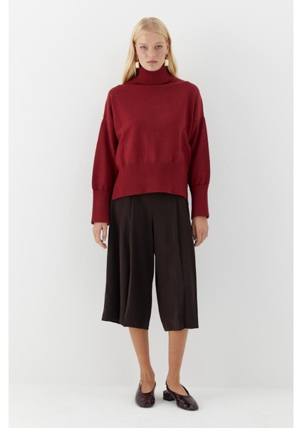 Balıkçı Yaka Oversize Triko Kazak Bordo modelleri