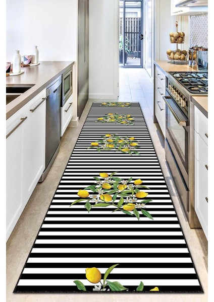 Kaydırmaz Tabanlı Makinede Yıkanabilir Mutfak Halısı Limon Çiçeği Desenli