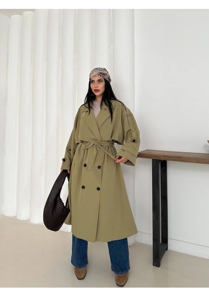 Kadın Haki Uzun Trençkot Cepli Kuşaklı Rüzgar Kapaklı Yeni Sezon Dış Giyim
