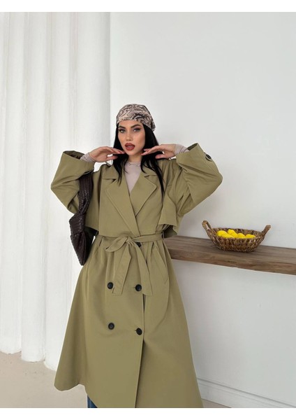 Kadın Haki Uzun Trençkot Cepli Kuşaklı Rüzgar Kapaklı Yeni Sezon Dış Giyim fiyatları