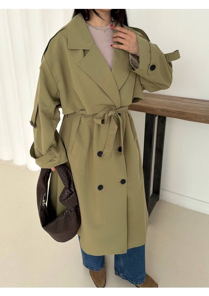 Kadın Haki Uzun Trençkot Cepli Kuşaklı Rüzgar Kapaklı Yeni Sezon Dış Giyim modelleri