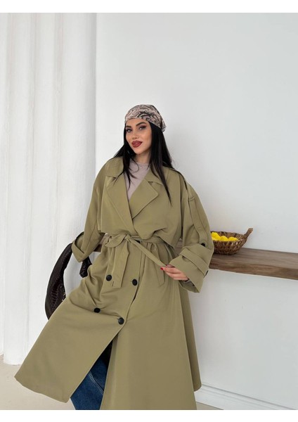 Kadın Haki Uzun Trençkot Cepli Kuşaklı Rüzgar Kapaklı Yeni Sezon Dış Giyim fırsatları