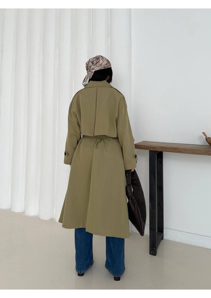 Kadın Haki Uzun Trençkot Cepli Kuşaklı Rüzgar Kapaklı Yeni Sezon Dış Giyim indirimleri