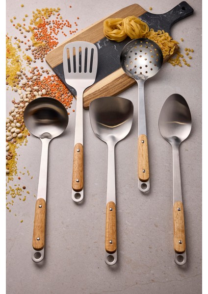 Gaia Silver Ahşap Saplı 5 Parça Servis Seti 18/10 Paslanmaz Çelik