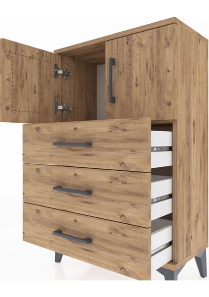 Arges Komodin Tek Raflı 3 Çekmeceli 2 Kapaklı 60X30X96 Çam-Çam indirimleri