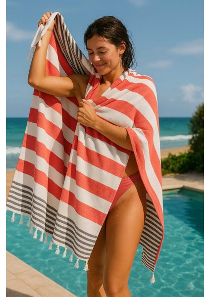 Mimoza Unisex Peştemal Plaj Havlusu 100X180 cm &#37;100 Pamuklu Soft Kırmızı-Siyah