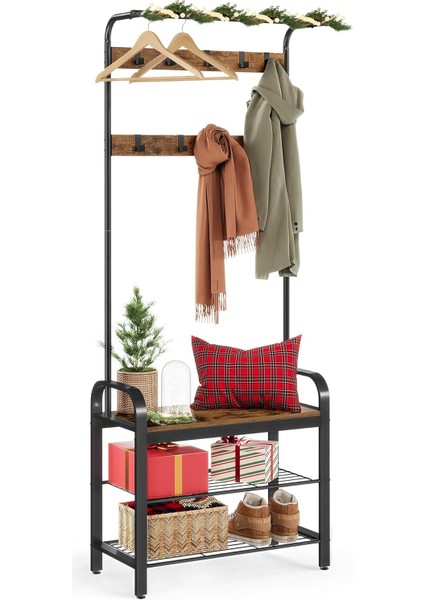 , Ayakkabı Tezgahı, 4&apos;ü 1 Arada Tasarım, 9 Kanca, 33.7 x 72 x 183 Cm, Endüstriyel Tasarım, - Siyah HSR40BB