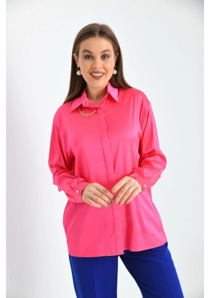 Kadın Gömlek Zincir Detaylı Saten Gömlek Fuşya - 22026