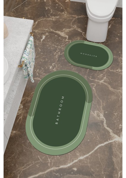 Yeşil Desenli Eko Banyo Paspası, Kaymaz Taban, Makinada Yıkanabilir, 2'li Set
