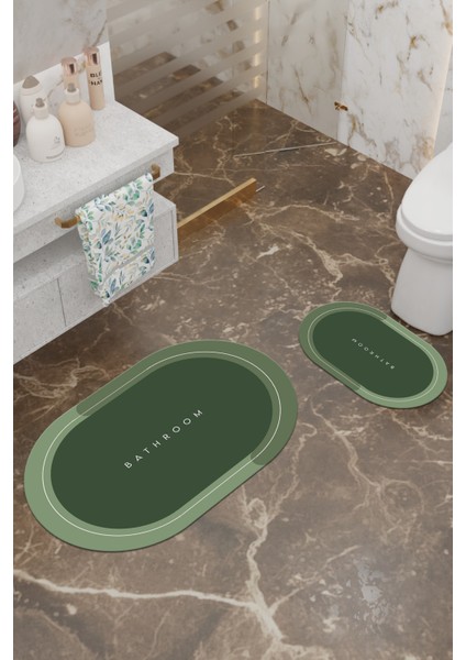 Yeşil Desenli Eko Banyo Paspası, Kaymaz Taban, Makinada Yıkanabilir, 2'li Set fiyatları