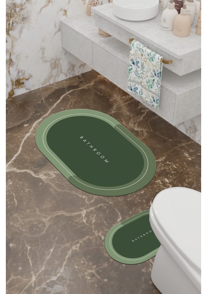 Yeşil Desenli Eko Banyo Paspası, Kaymaz Taban, Makinada Yıkanabilir, 2'li Set modelleri