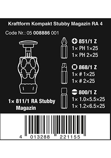 05008886001 Kompakt Stubby Magazin Ra 4, Cırcırlı Tornavida, Uç Hazneli, 6 Parça fiyatları