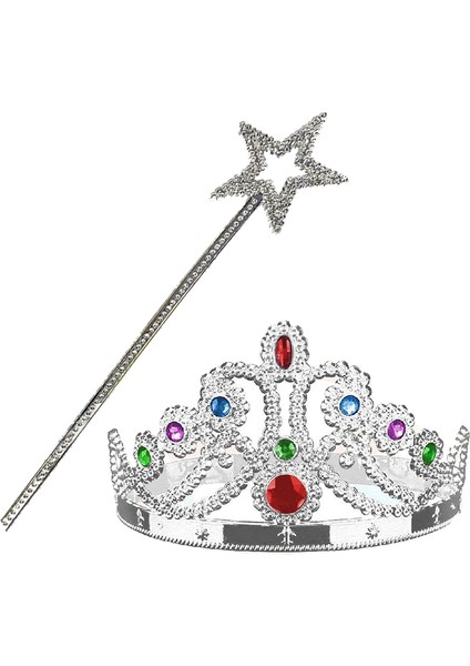 Gümüş Renk Metalize Prenses Tacı ve Metalize Prenses Yıldız Asası (4172)