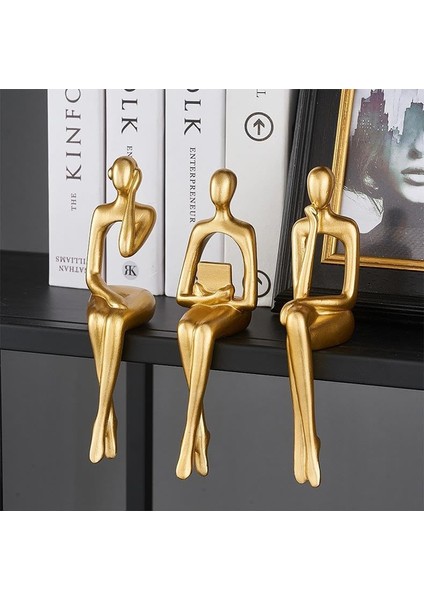 Iskandinav Tarz Dekoratif 3 Adet Soyut Düşünen Heykel Biblo Ev Dekorasyon Raf Dekoru Oturma Odası Aksesuar Altın