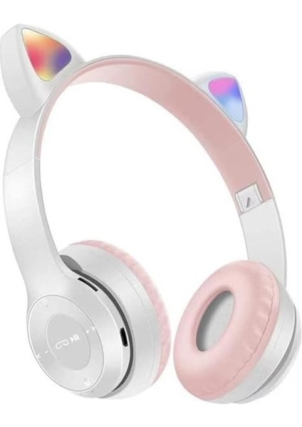 Mikrofonlu Işıklı Renk Değiştiren Cat Kedi Kulaklık Gri-Pembe Gamer Oyuncu Kulaklığı Kulaklık Çocuk Yetişkin Uygun,, Gripembe, Small